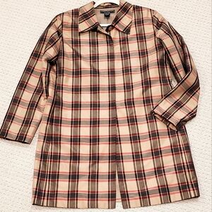 Harris Wallace Silk Tan/Black/Red Plaid Collar Longline BlazerJacket, Wm 12, EUC